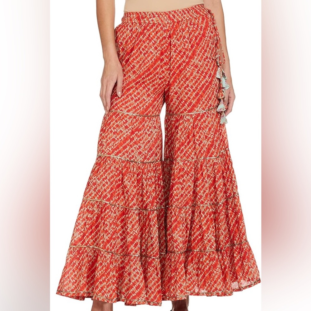 Boho Festival Full Flare Gold Trim Pants Cotton Pakistan India Salwar 32 US Sz S